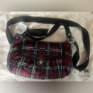Coach Red and Black Crossbody Bag with Plaid Pattern